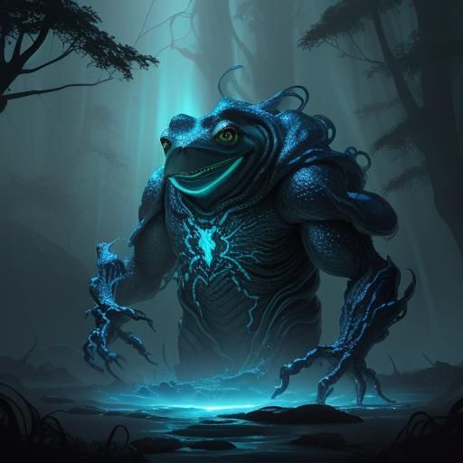 Giant Bioluminescent Frog in Surreal Oil Painting