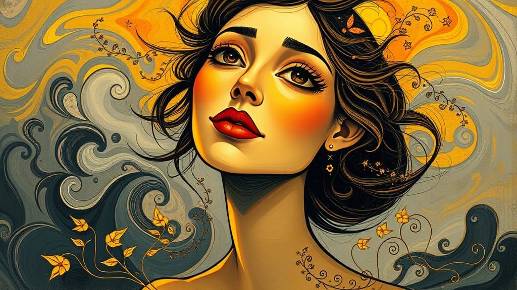 Surreal Art Nouveau Goddess Radiates Sunshine