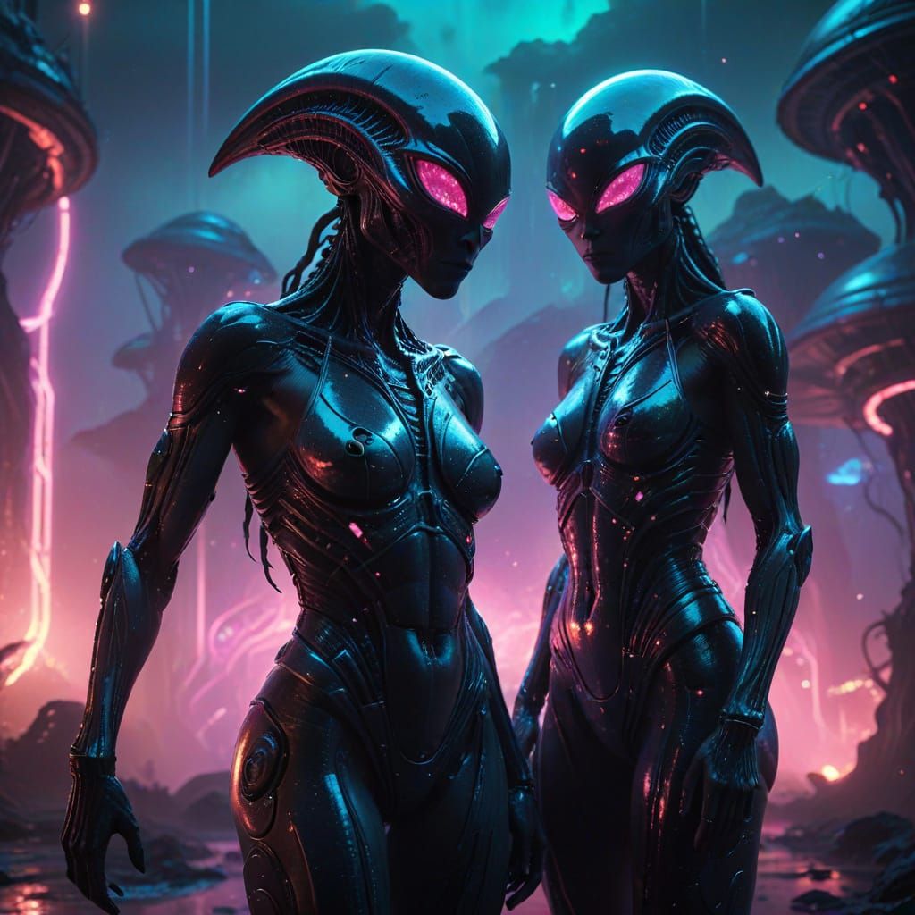 Sensual Alien Humanoids in Neon-Lit Futuristic Landscape