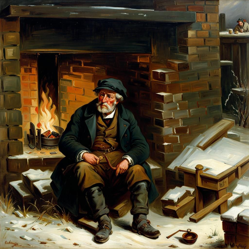 Tired Coal Worker by Fireplace in Snow