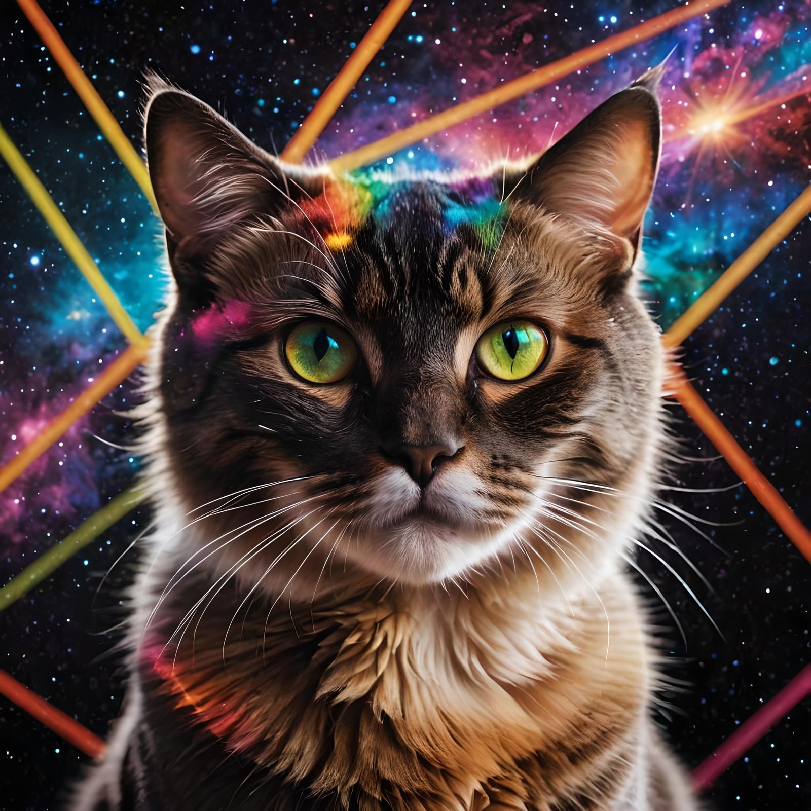 Cosmic Rainbow Cat Portrait in Geometric Style