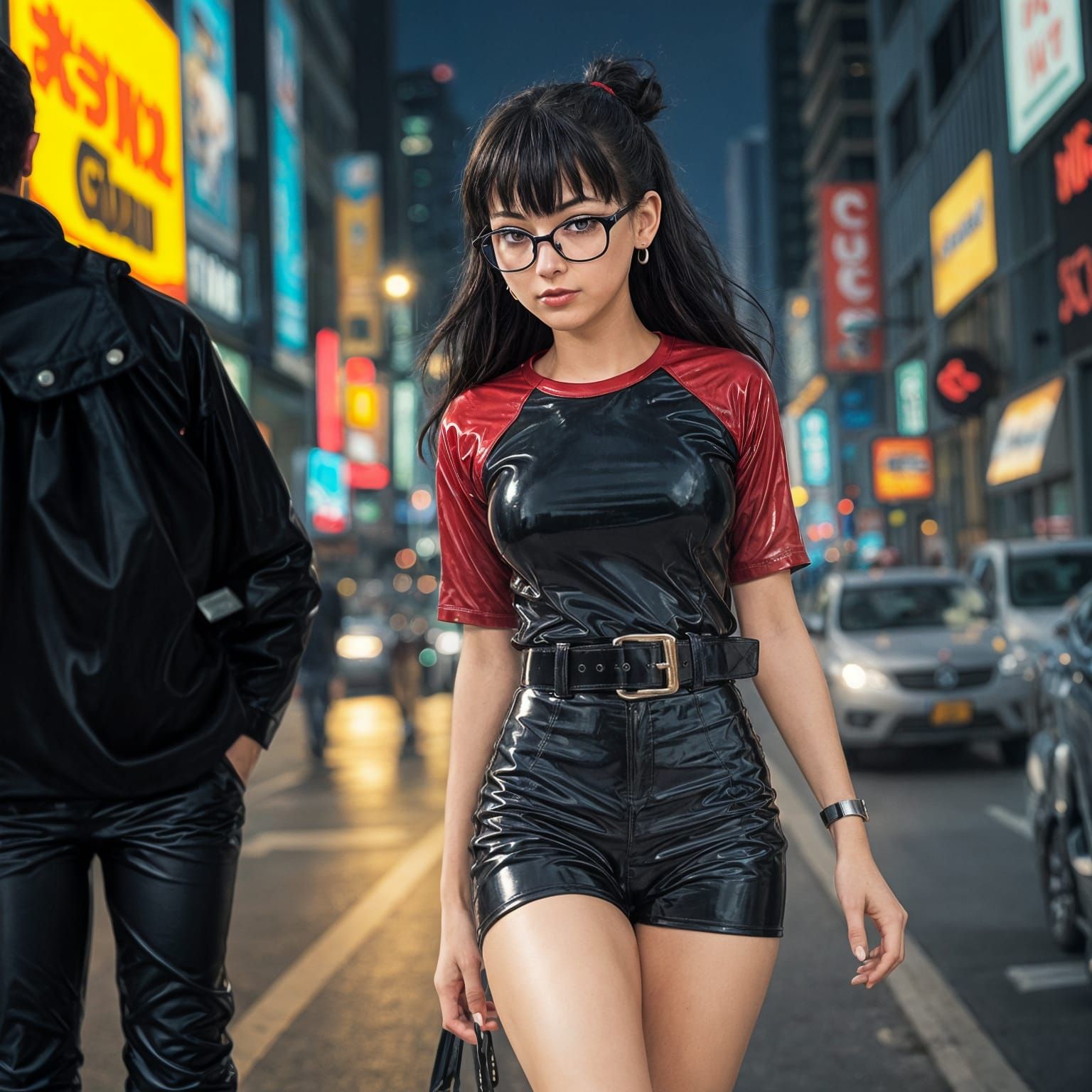 Vibrant Anime Inspired Latex Fashionista Strolls City Street...