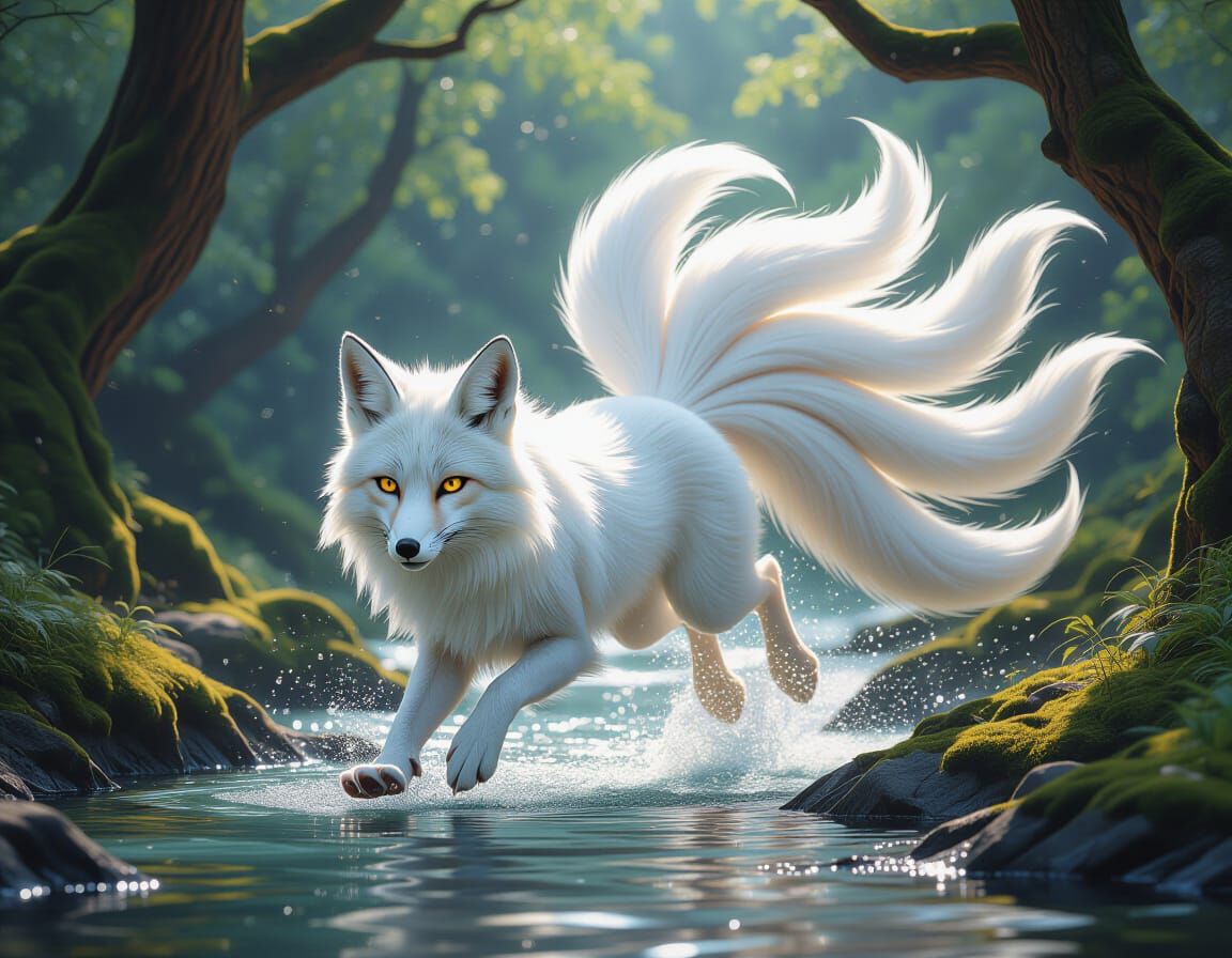 Mystical White Fox Leaping Over Forest Stream