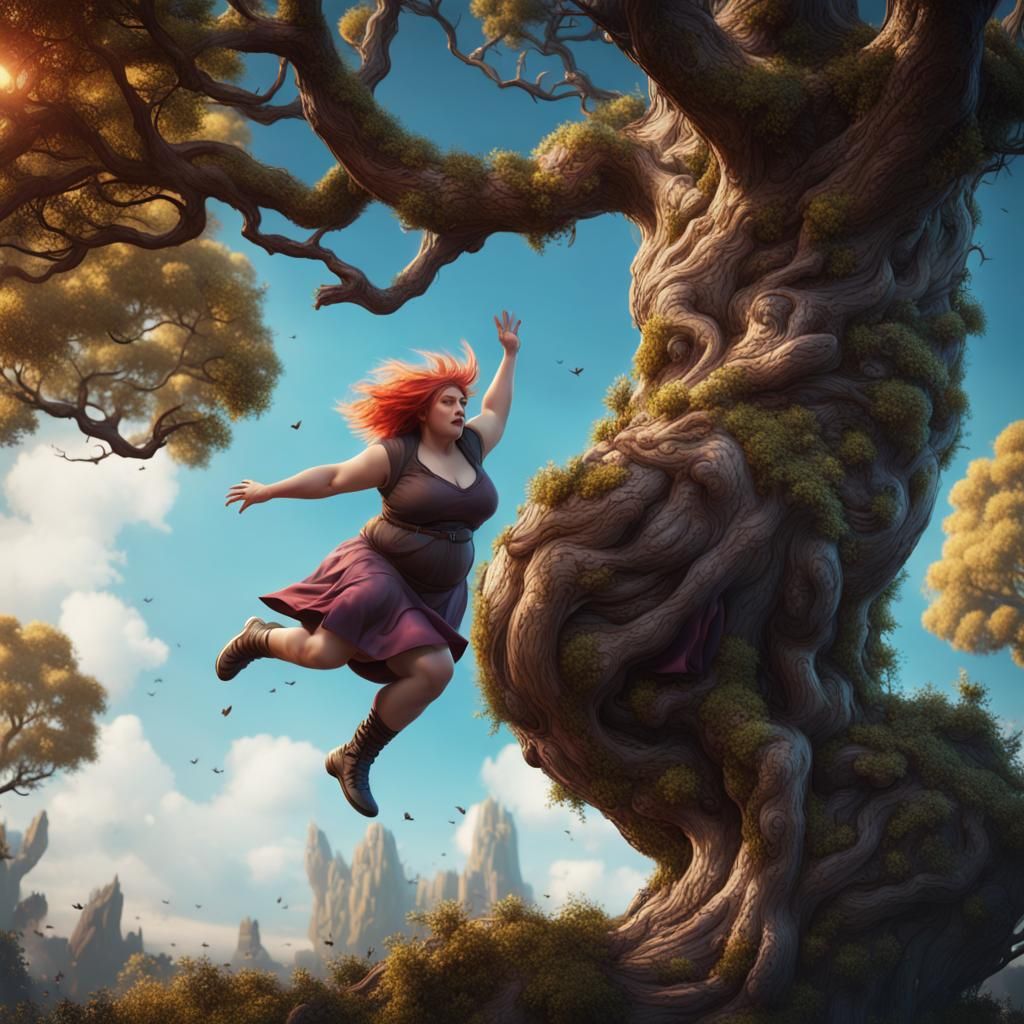 Girl Jumping From Tree in Detailed Matte Painting