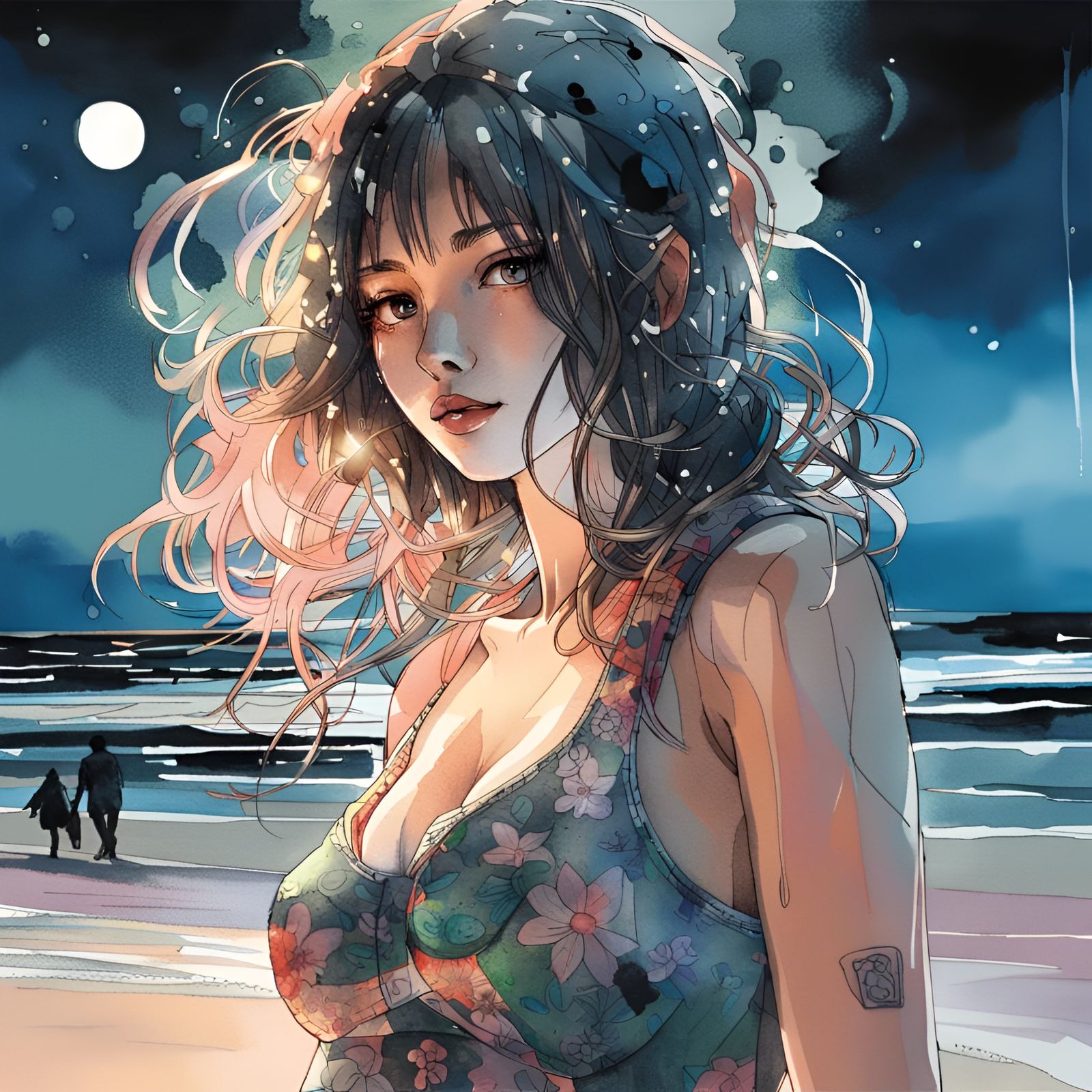 Woman on Beach at Night as Watercolor Portrait