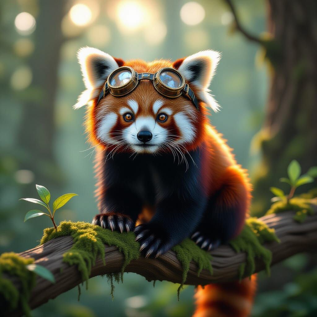 Steampunk Red Panda in Ancient Forest