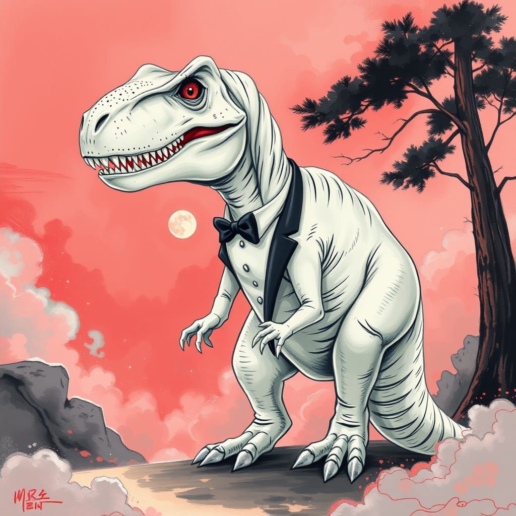 T-Rex in Elegant Attire, Expressionist Pop Art