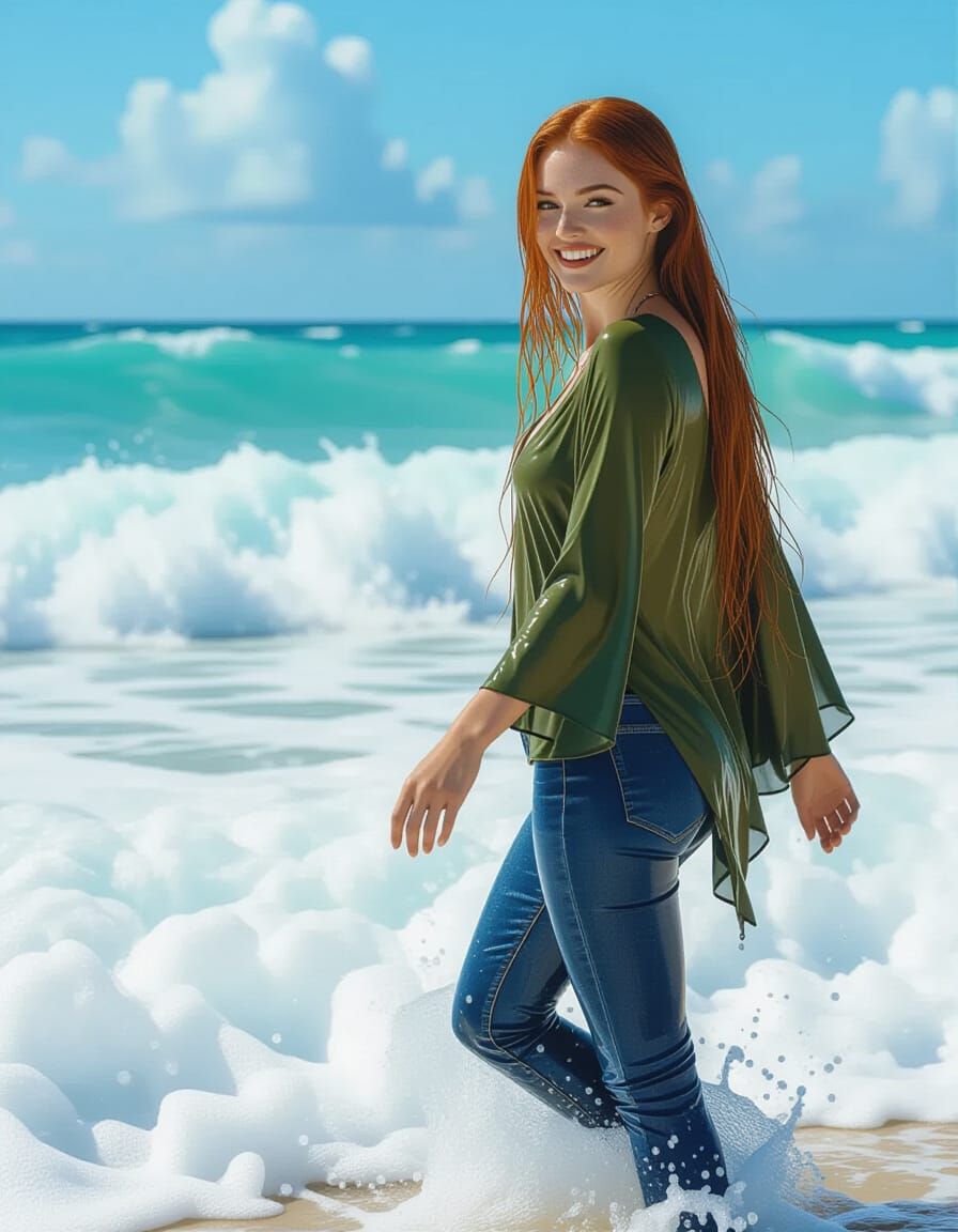 Ginger Woman Wading in Surf on Sunny Day