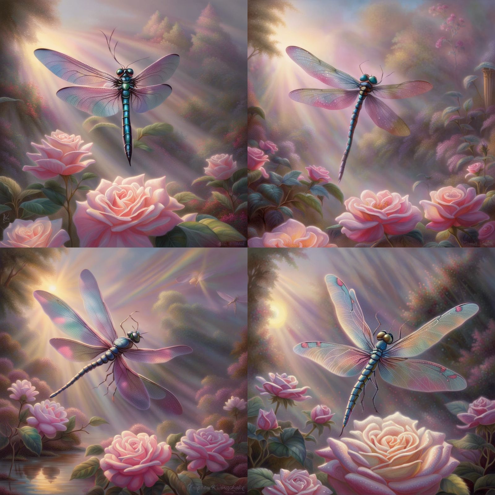 Dragonfly with Iridescent Wings on Rose, Ethereal Style