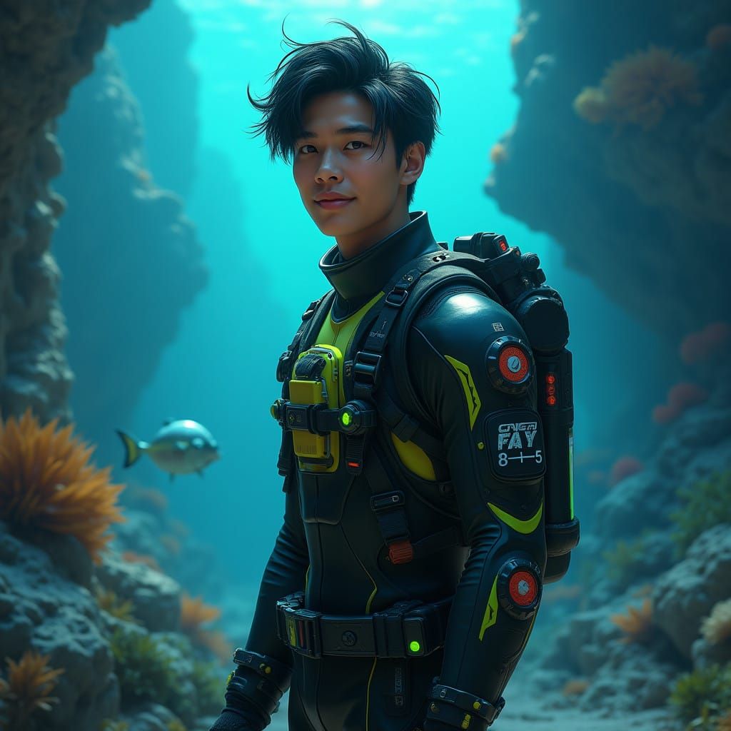 Asian Diver in Underwater Rescue Attire Pose