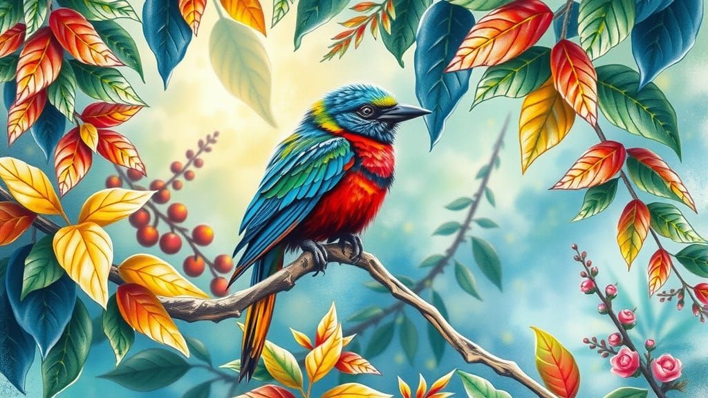 Vibrant Bird in Lush Foliage: A Watercolor Painting