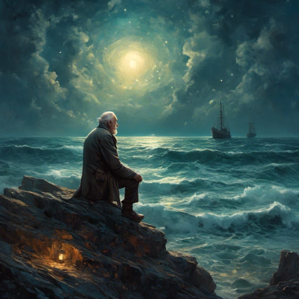 Man Gazing at Moonlit Ocean in Digital Painting