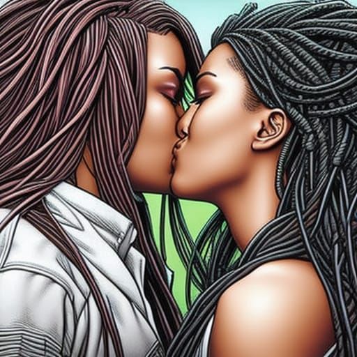 Loving Black Lesbian Couple Kissing in Colored Pencil Sketch