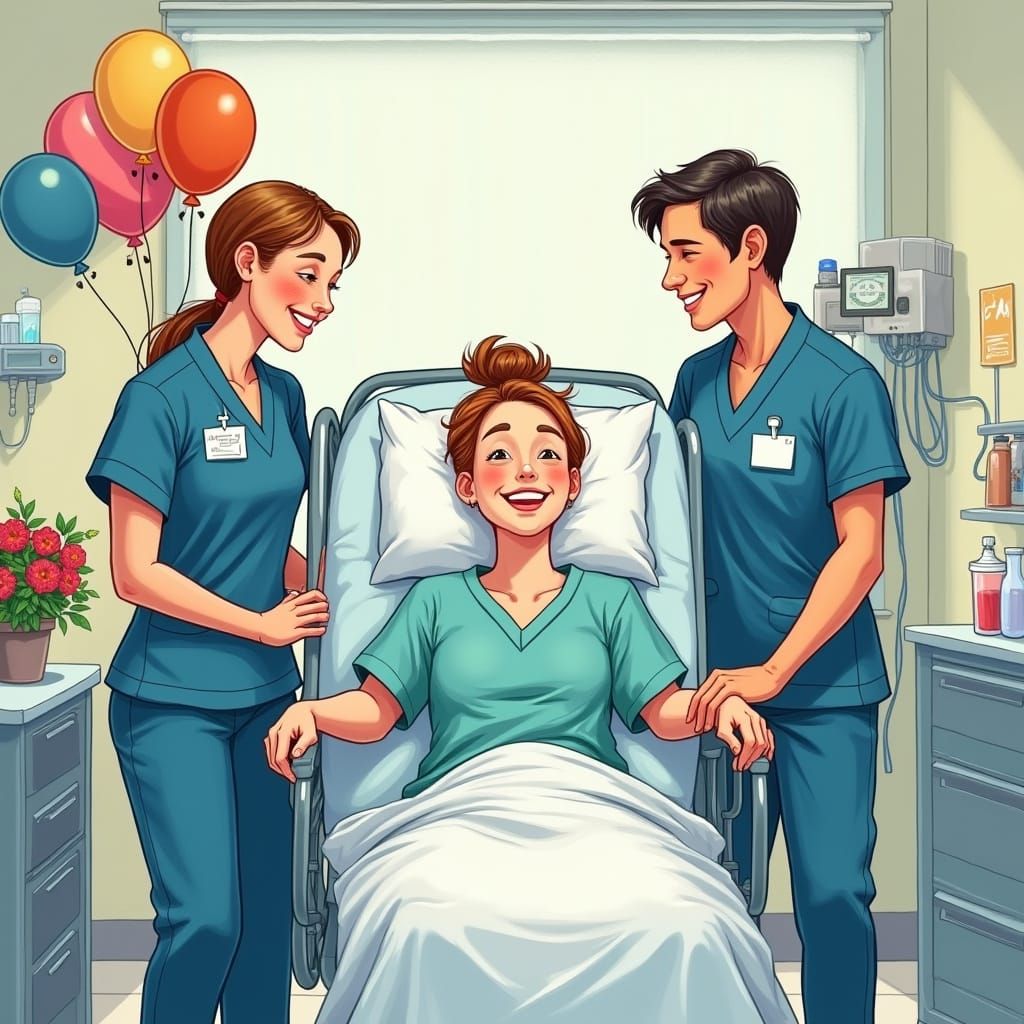 Grateful Patient Surrounded by Caring Nurses in Bright Hospi...