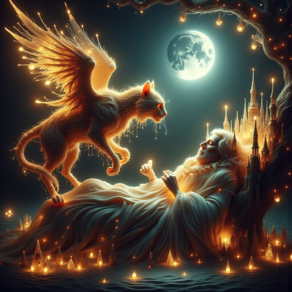 Angel Cat Visits Old Cat: Fantasy Concept Art