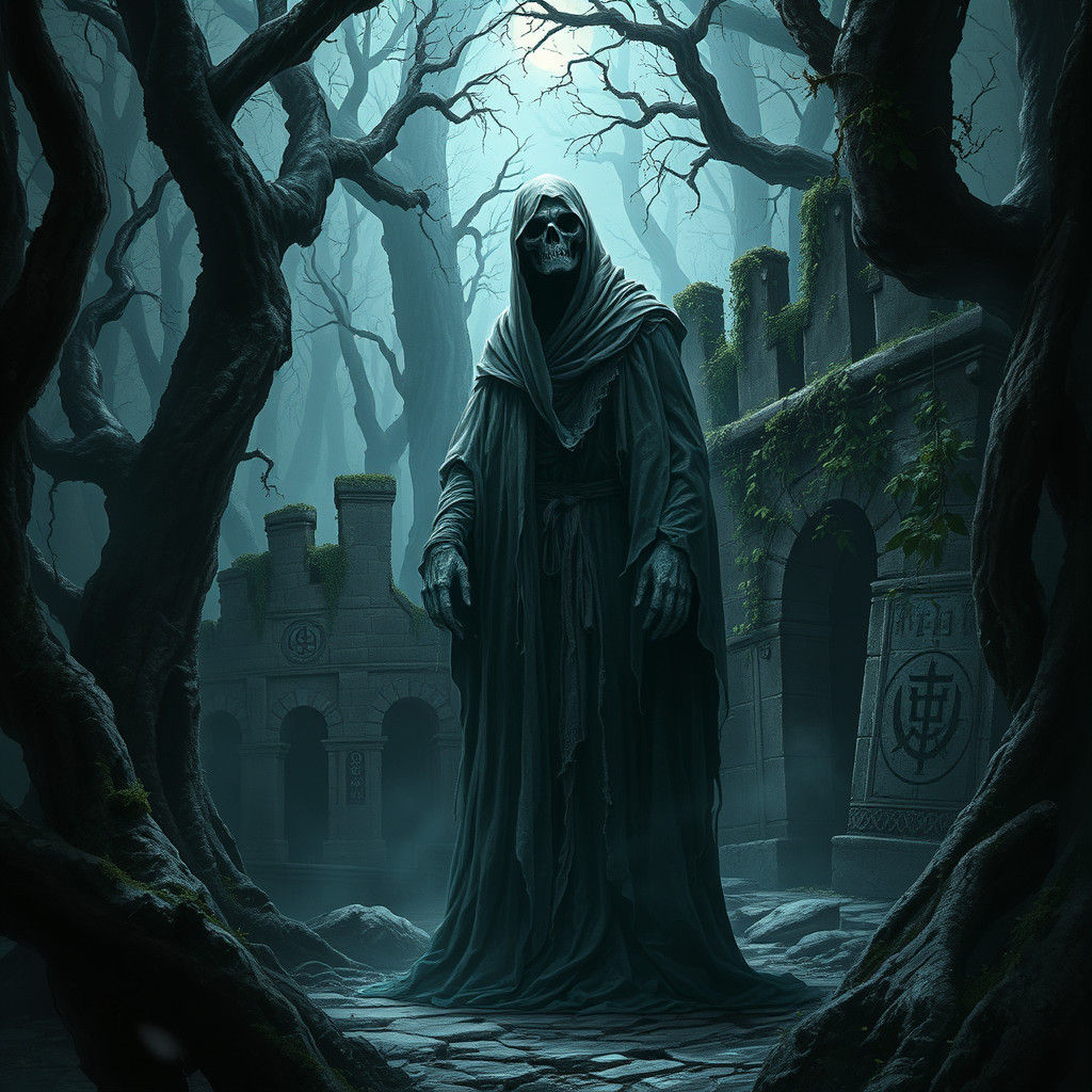 Ethereal Wraith in Dark Enchanted Forest