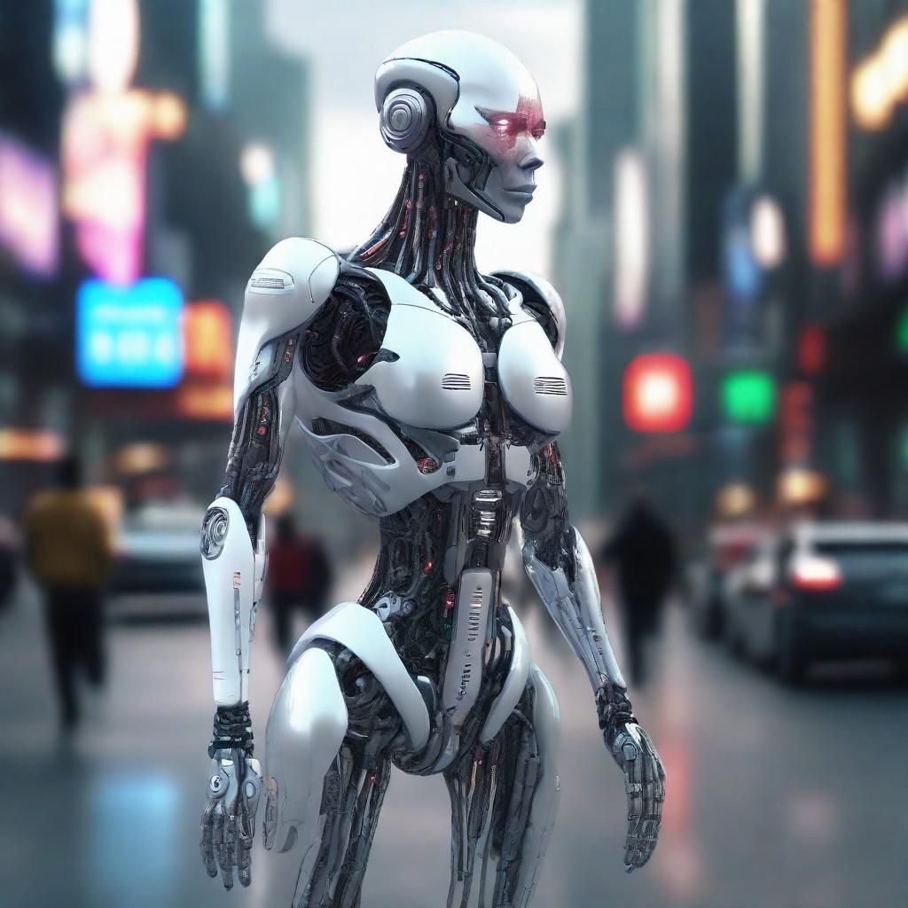 Hyperrealistic Alien Cyborg Human Hybrid in Sci-Fi City