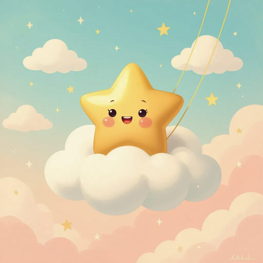 Adorable Retro Star Swings from Cloud in Dreamlike Style