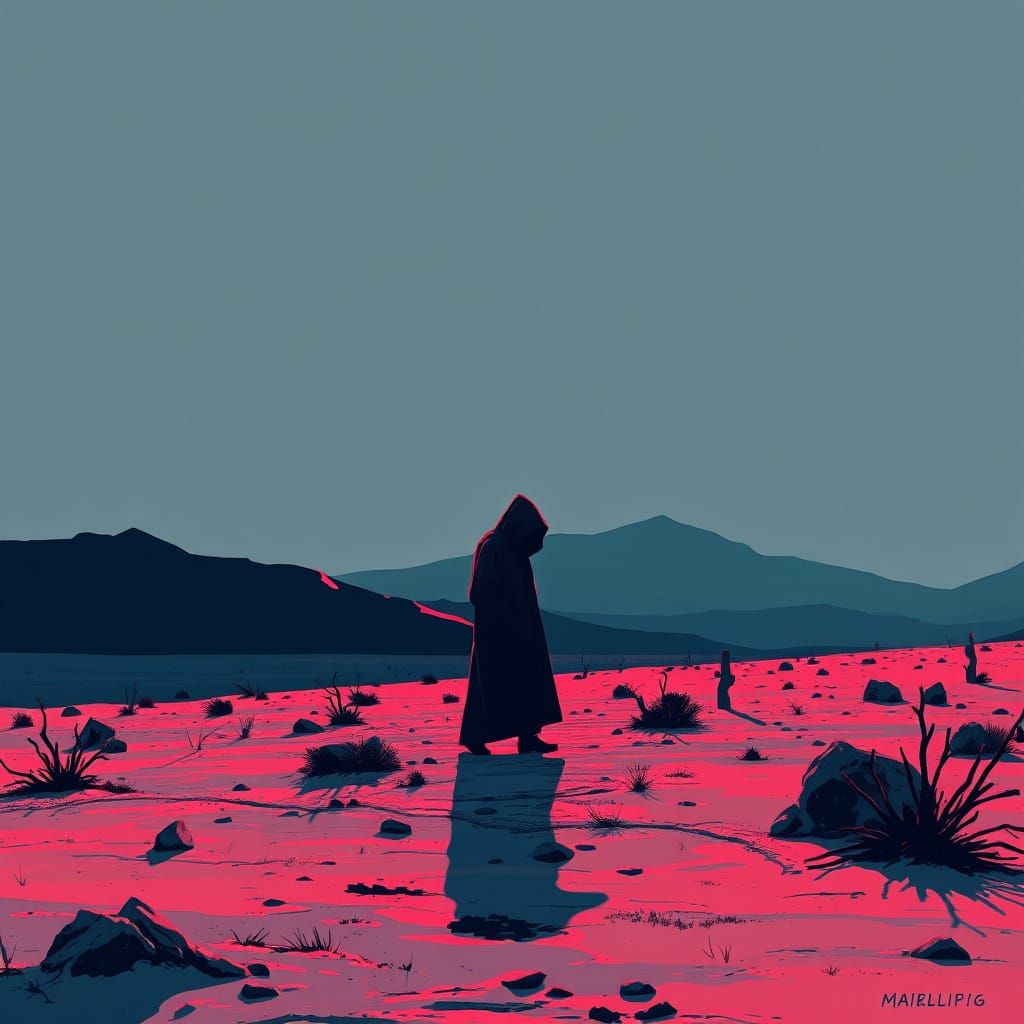 Shadowed Figure in Desolate Landscape: Comic Book Art