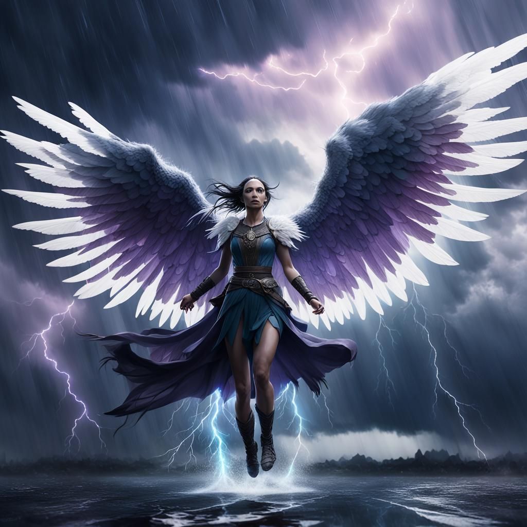 Girl with Wings in Stormy Sky: Dark Fantasy Art