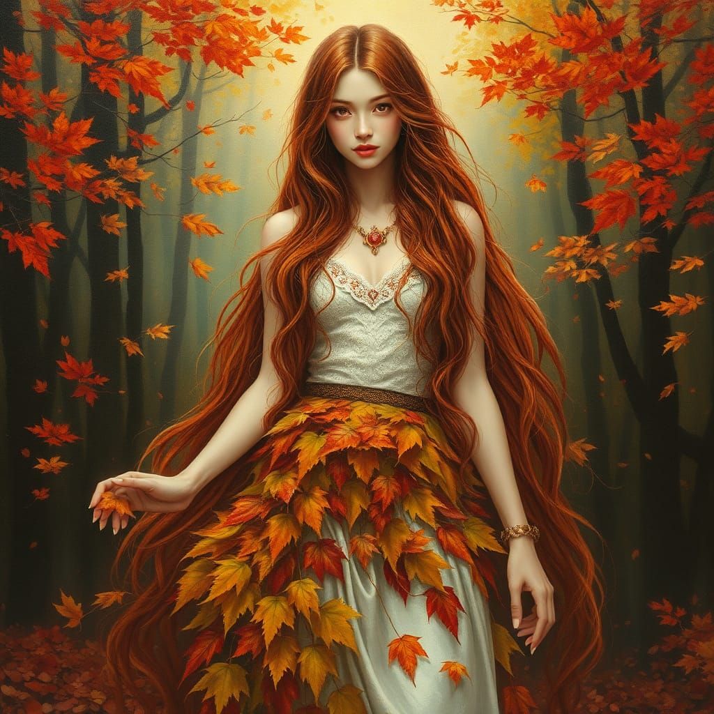 Autumn Goddess in Forest: Mixed Media Oil Painting