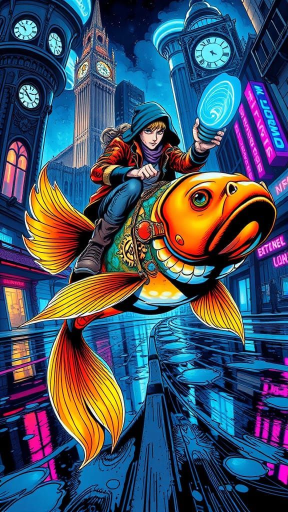 Gritty Retro-Futuristic Cityscape with Magical Koi-Fish