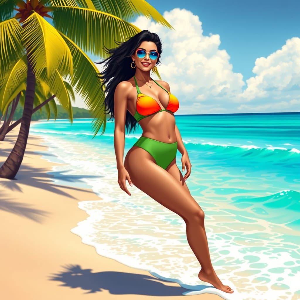 Confident Woman on Sun-Kissed Beach in Whimsical Two-Piece S...