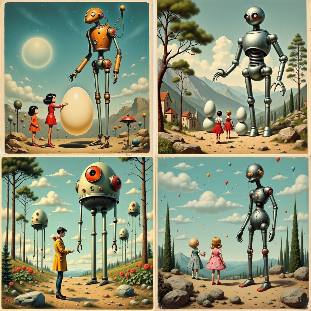 Vintage French Postcard of Retro Robots and Monsters