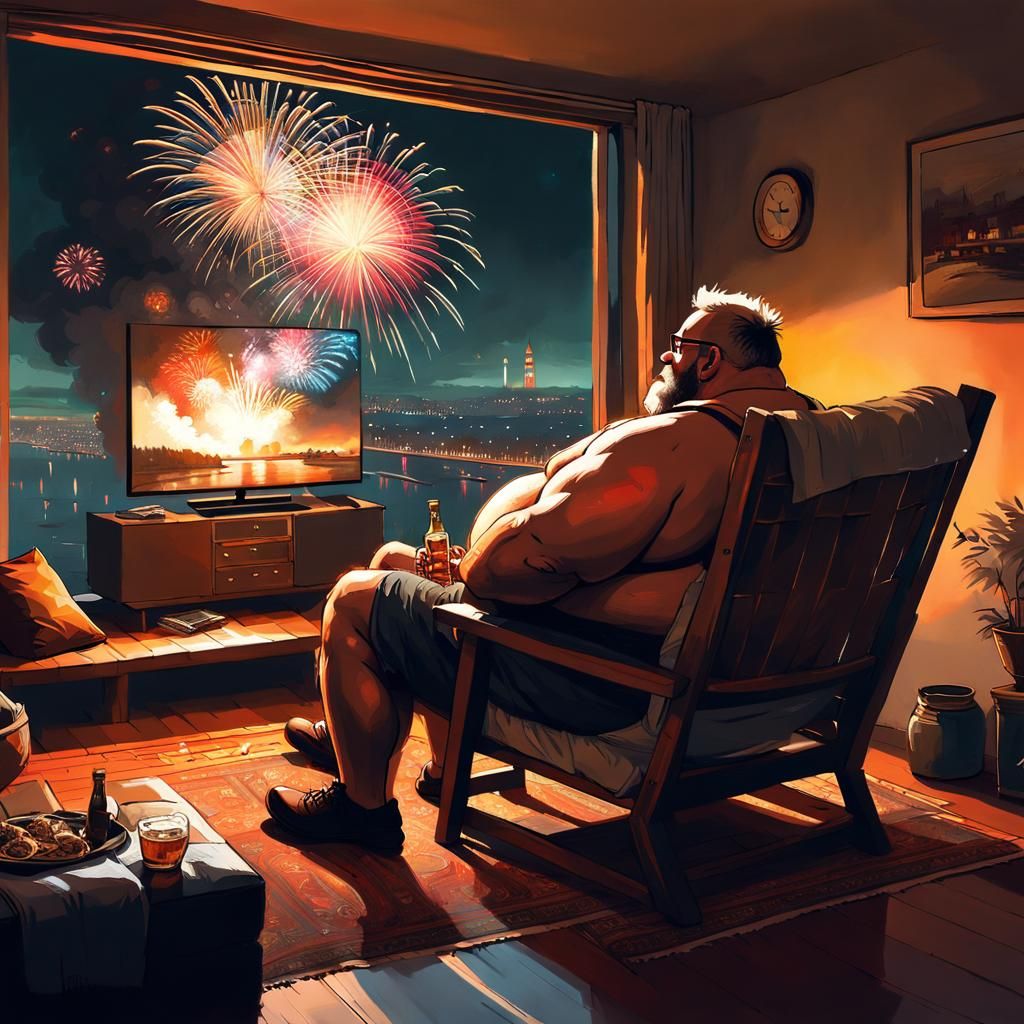 Man Watching Fireworks: Hyperrealistic Digital Photoillustra...