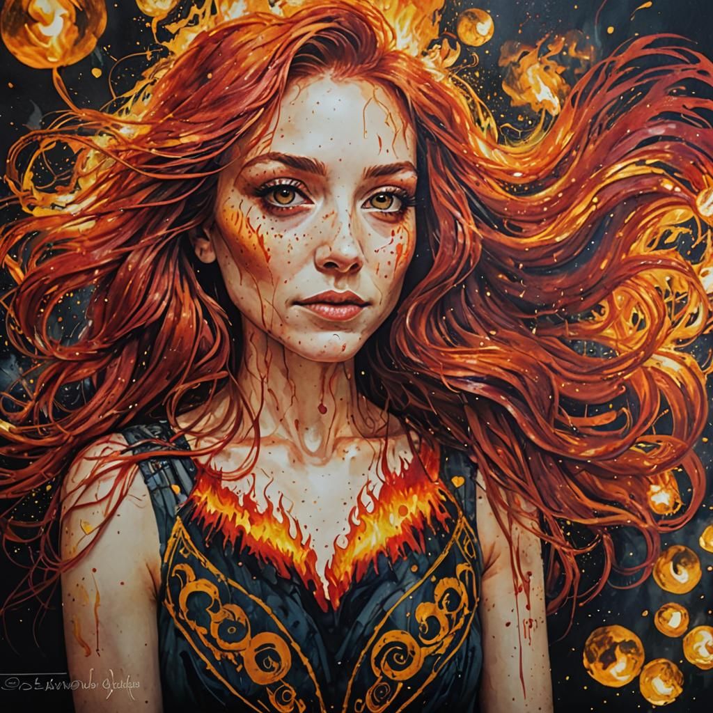 Fiery Woman Portrait in Hyperrealistic Style