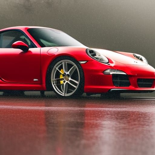 Red Porsche 911 Under Lightning Sky