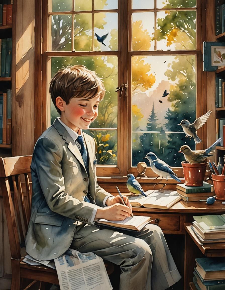 Joyful Boy with Birds, Gorjuss Style Watercolor