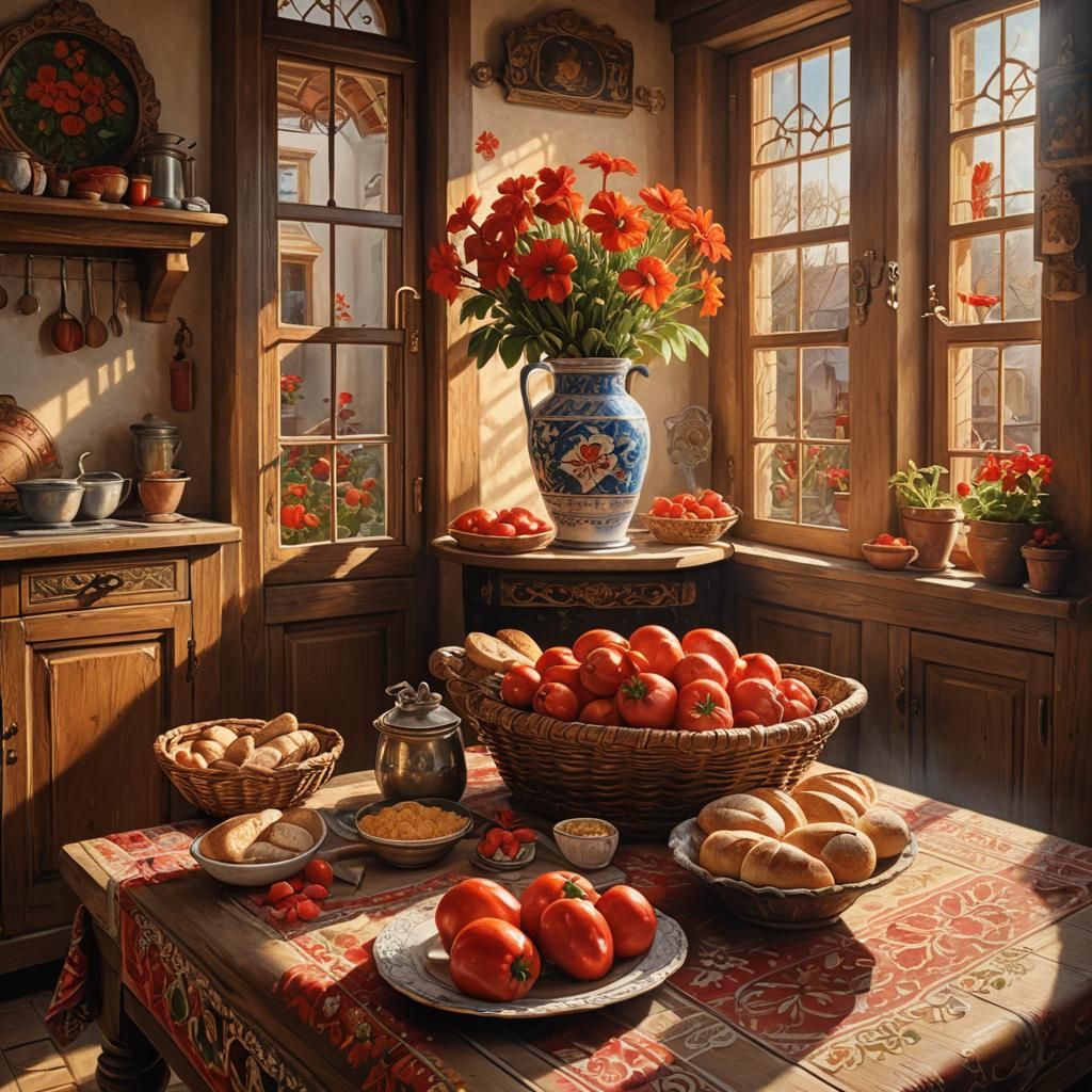 Hungarian Kitchen Still Life in Folk Art Style