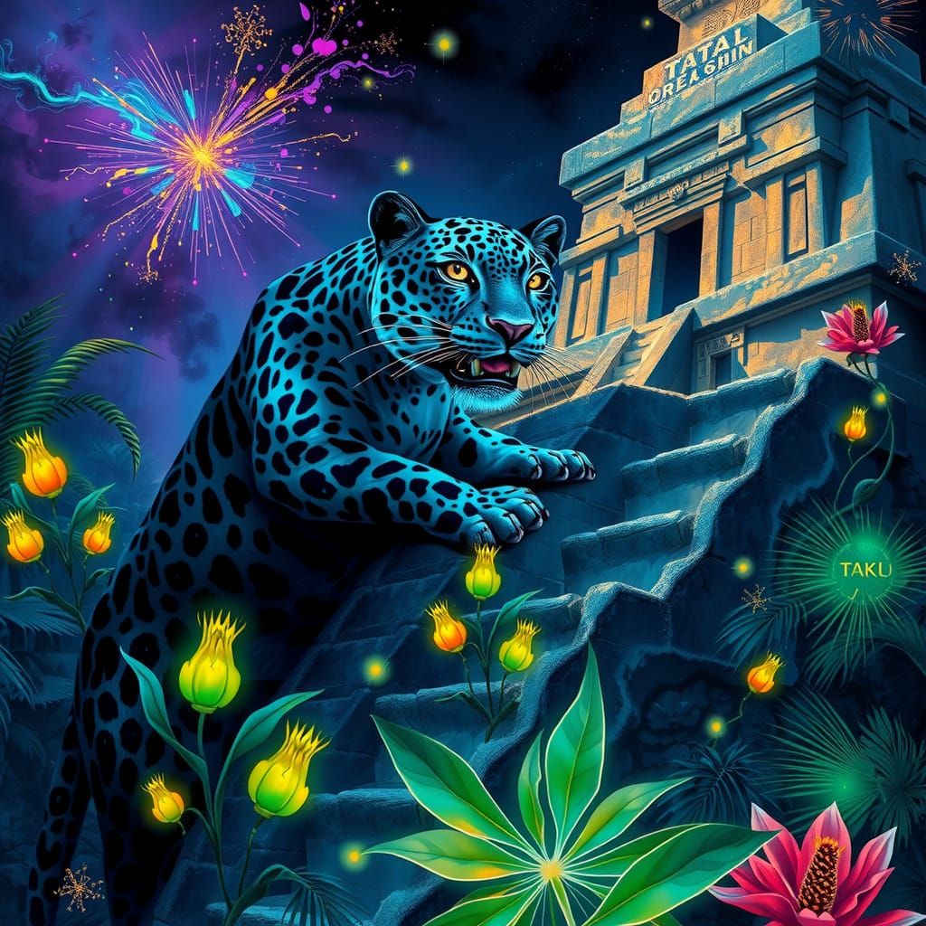 Bioluminescent Jaguar on Mayan Temple Ruins