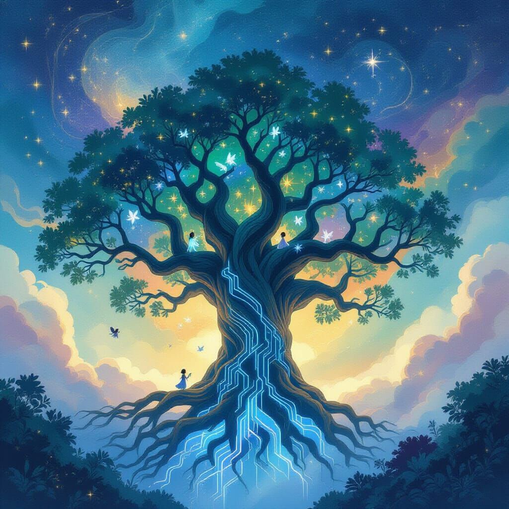 Ancient Tree With Circuit Roots Under Cosmic Watercolor Sky