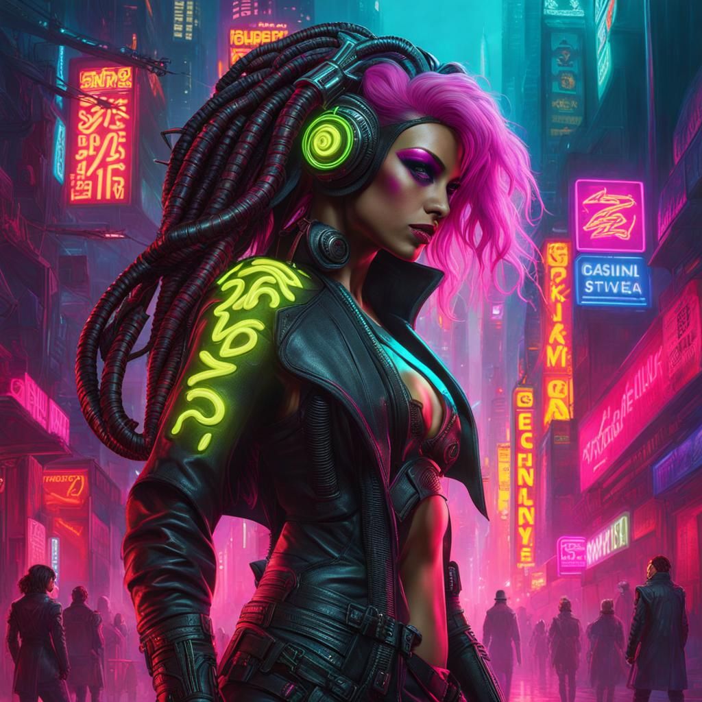Cyberpunk Medusa in Neon Cityscape