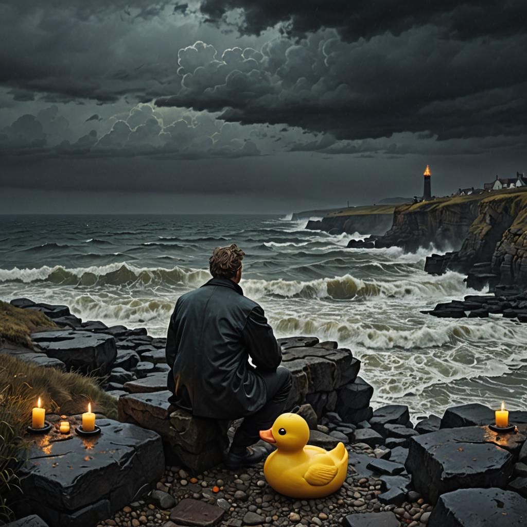 Giant Rubber Ducky on Cliff in Stormy Landscape