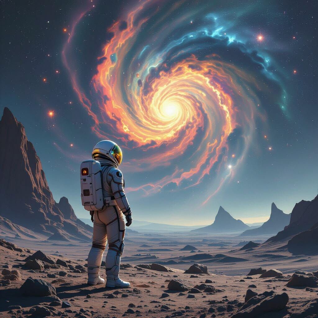 Astronaut Gazing at Nebula on Alien Planet