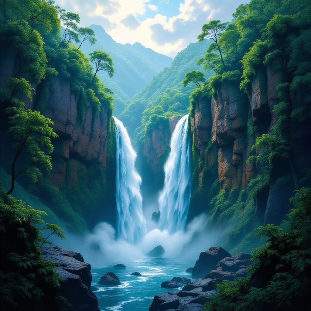 Vibrant Ravines and Twin Waterfalls in Hyperrealistic Digita...