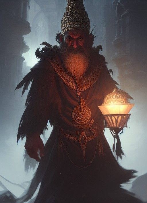 Evil Assyrian Dwarf Sorcerer in Dark Fantasy Scene
