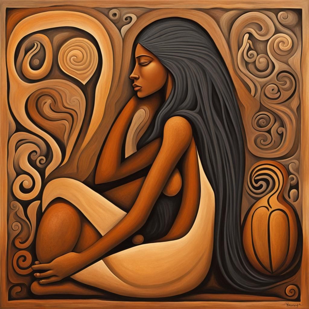 Art Nouveau Cave Painting of Grieving Woman