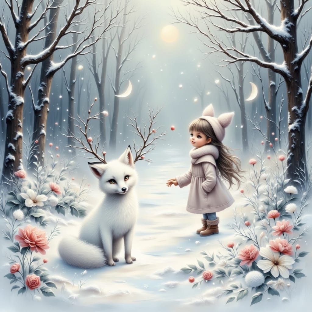 Girl and White Fox in Winter Woodland