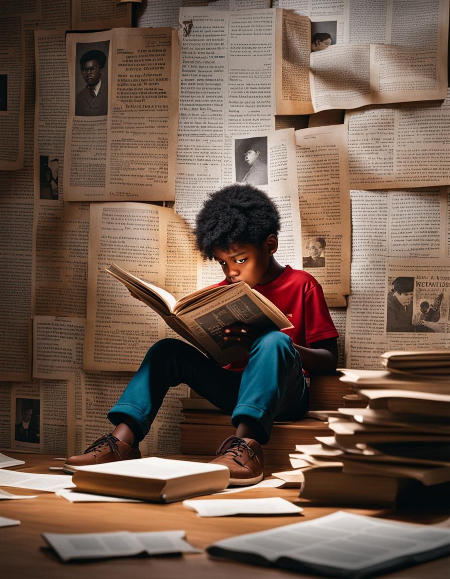 Boy Reading Before a Newspaper Clipping Wall