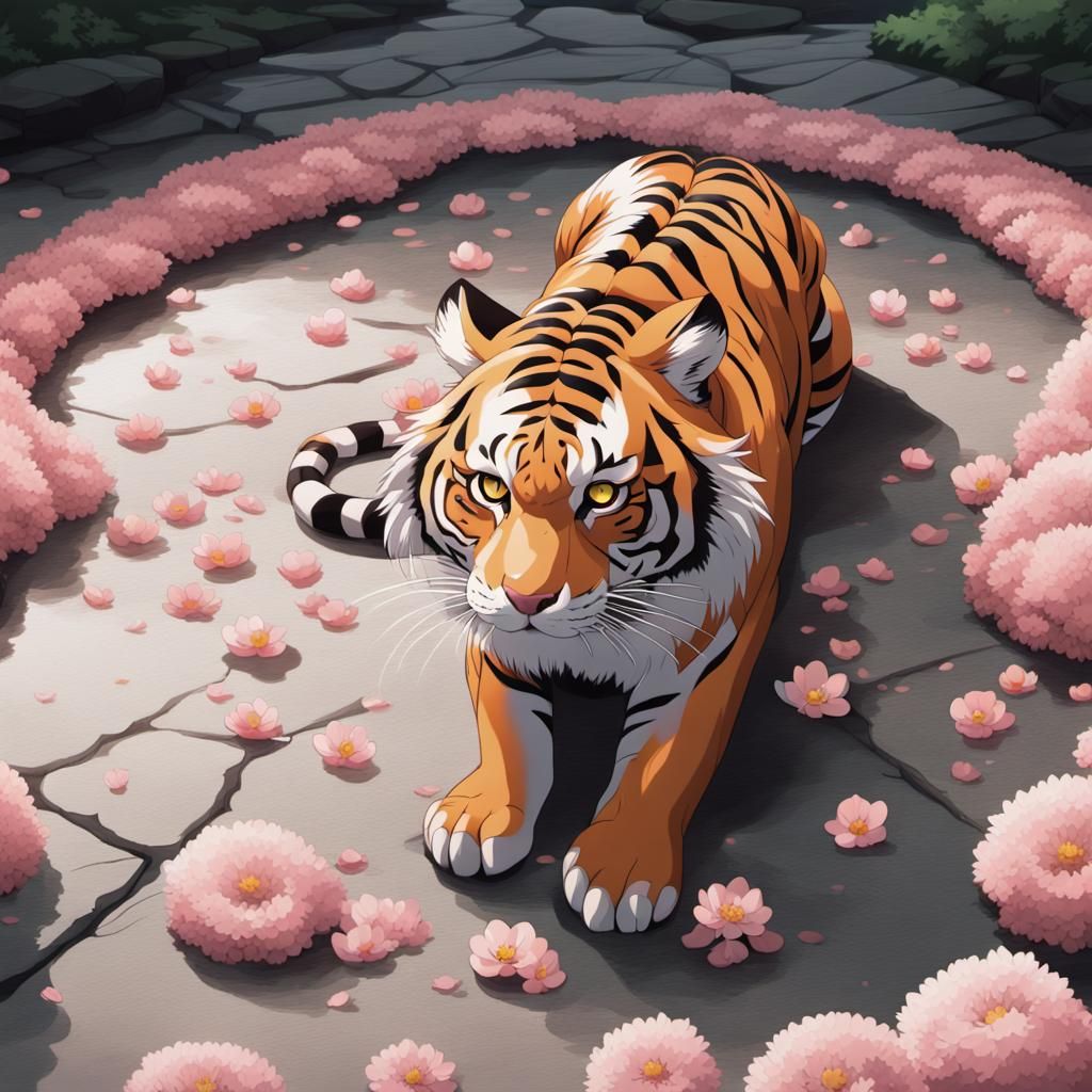 Tiger Surrounded by Sakura Petals in Anime Style