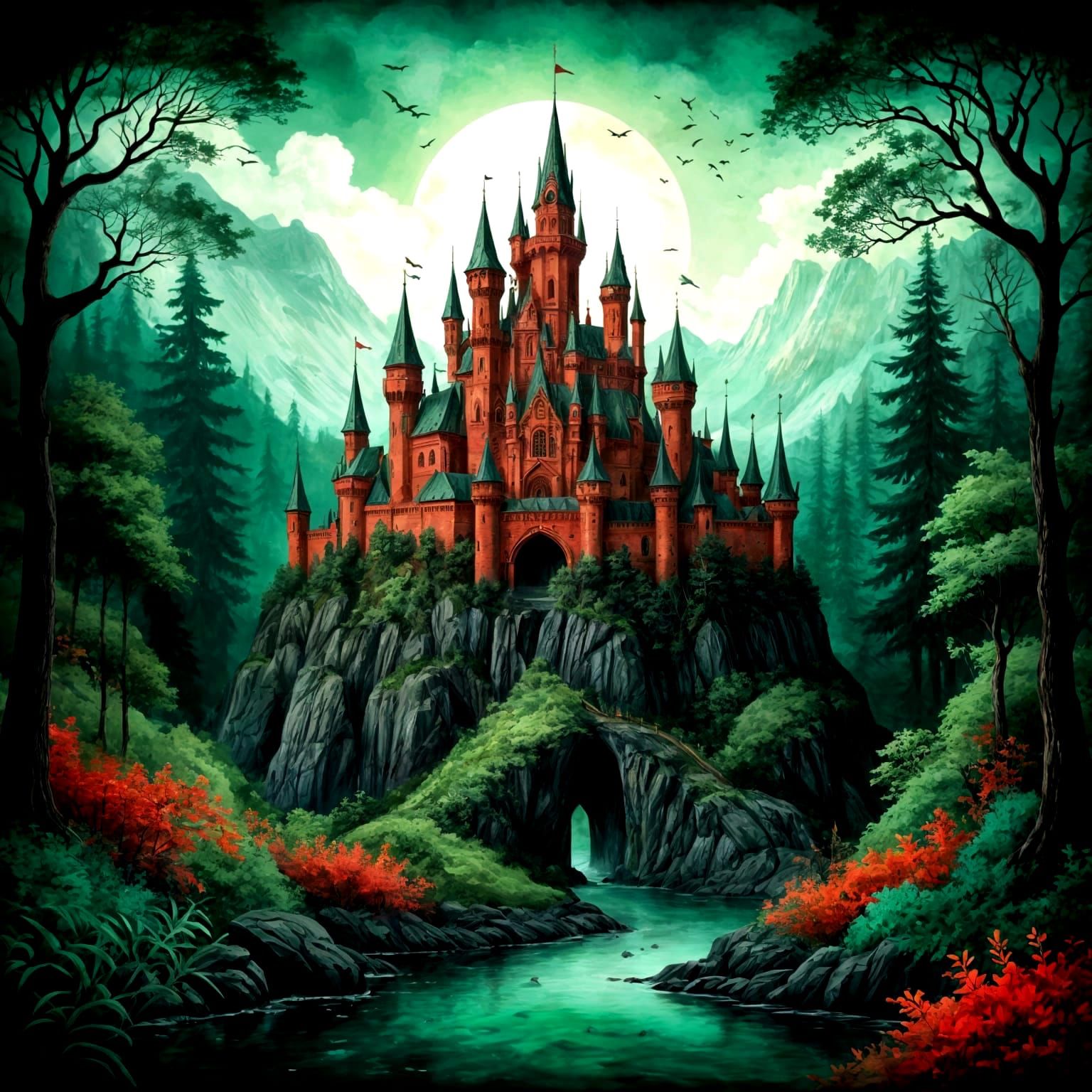 Beautiful intricate  fantasy castle, fantasy landscape background, palette forest green, red, mint green, spring green, ...
