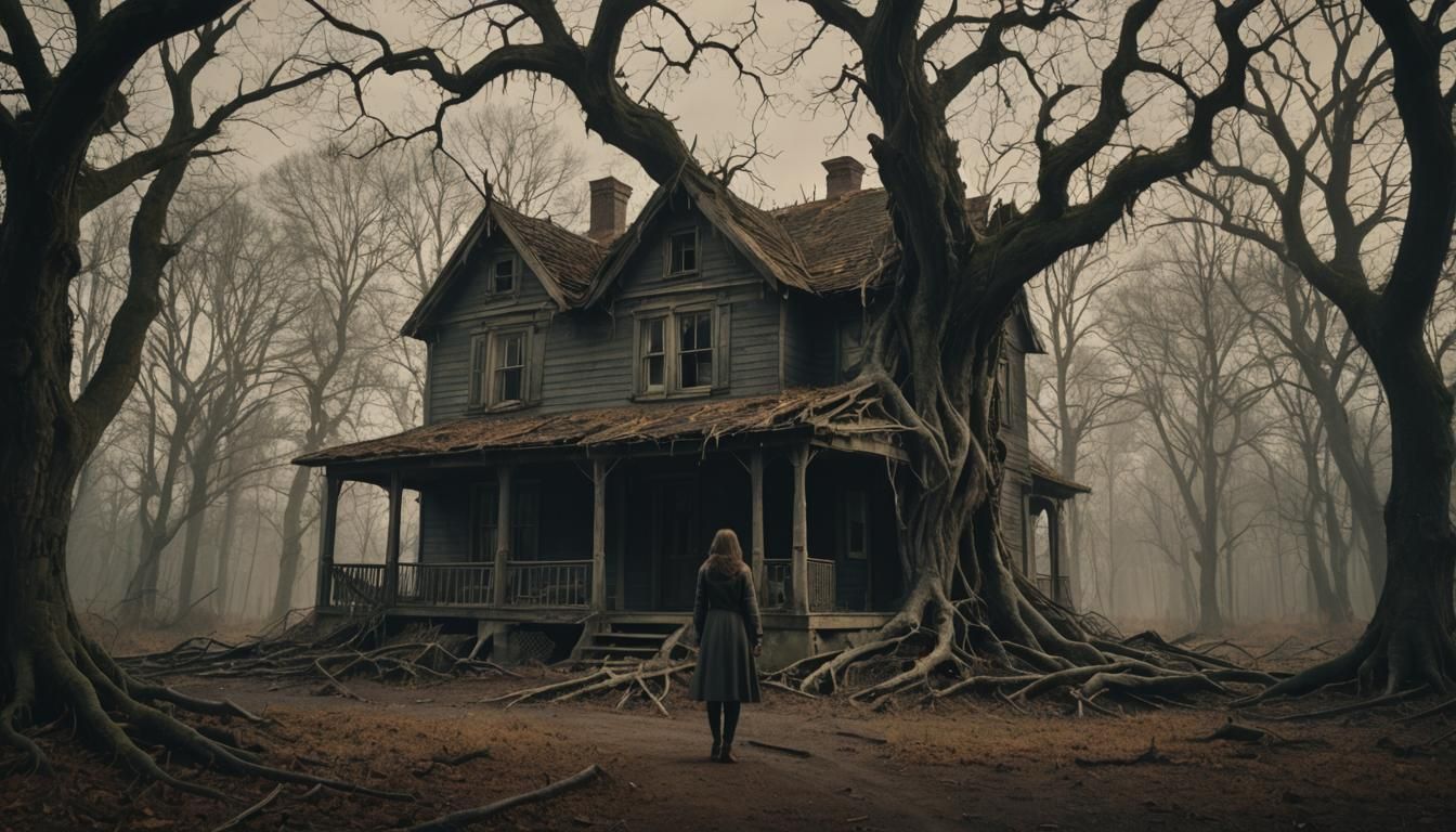 Ominous Woman at Decaying House Threshold