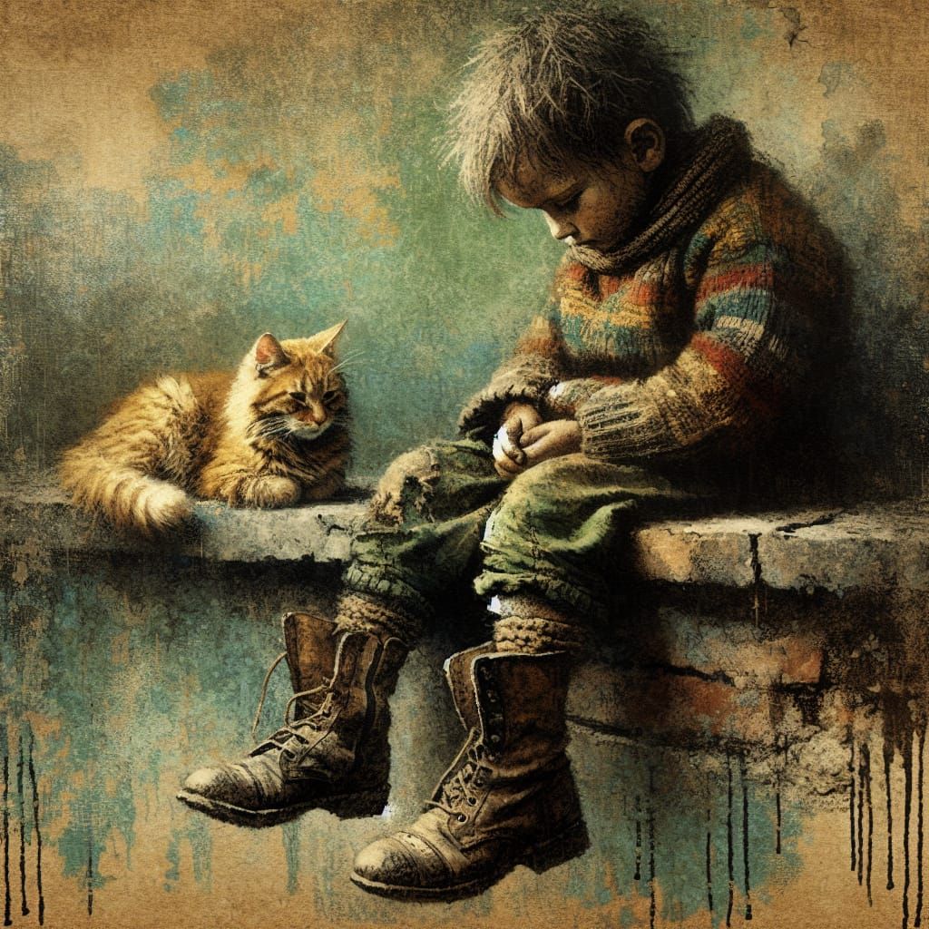 Child's Solitude with Cat in Pre-1912 Style