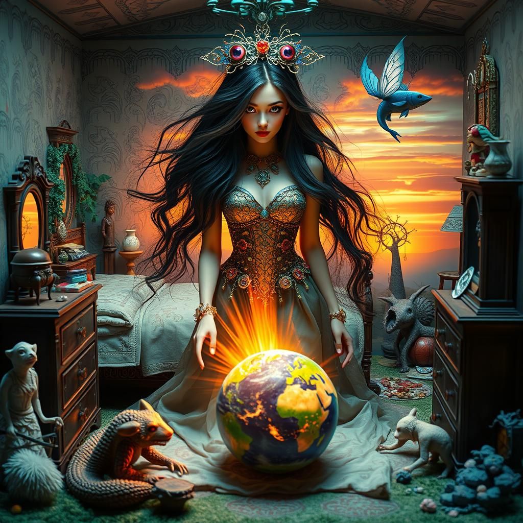 Surreal Dollhouse Scene with Mythological Creatures