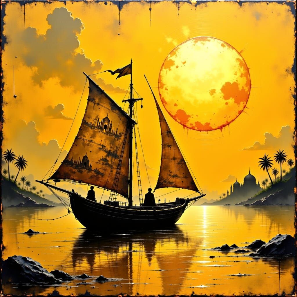 Golden Sailboat on Calm Waters, Impressionist Style