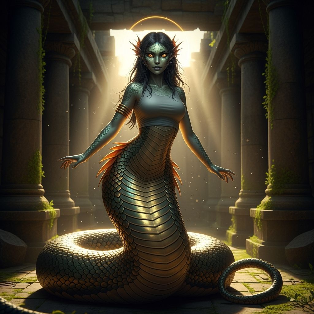 Serpent Girl in Ancient Temple Ruins